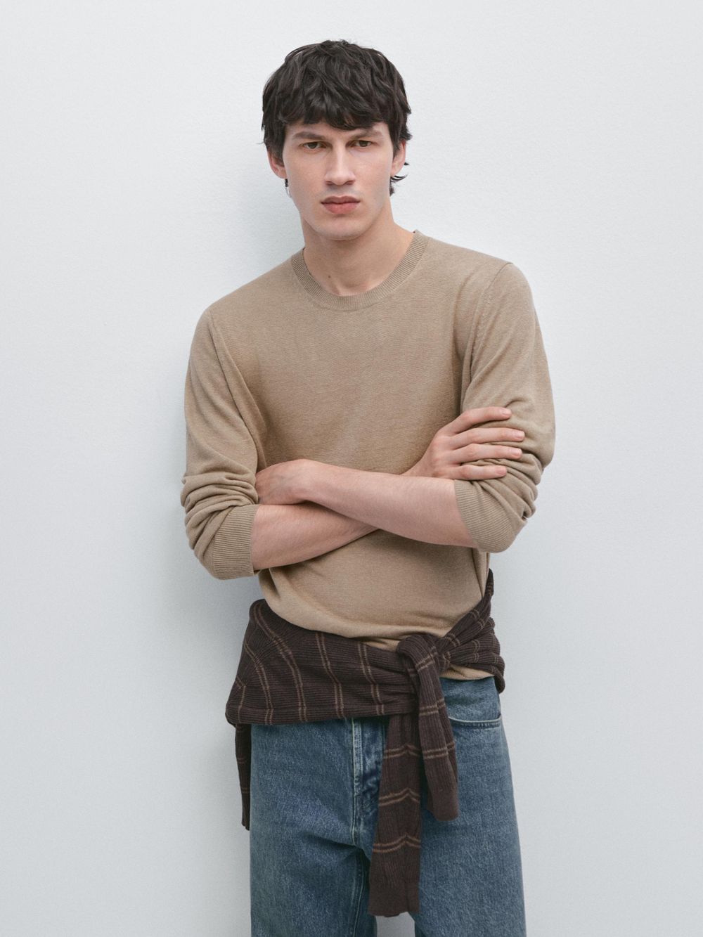 Massimo Dutti Вязаный льняной свитер с круглым вырезом, песочный