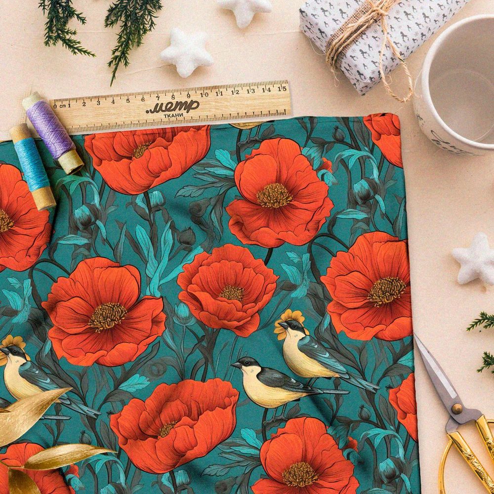 Ткань премиум шелк искусственный Армани маковое поле