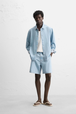 ZARА ДЖИНСОВАЯ РУБАШКА КЛАССИЧЕСКОГО КРОЯ, НЕБЕСНО-ГОЛУБОЙ