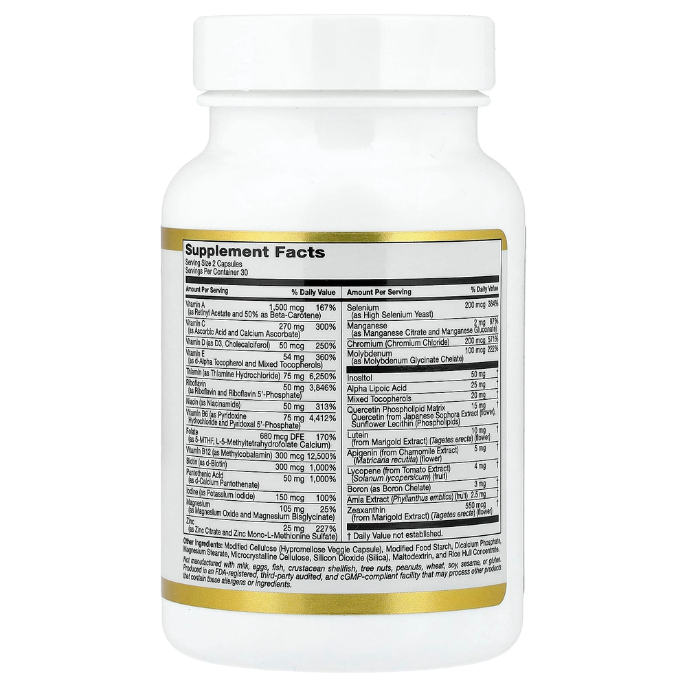 California Gold Nutrition, мультивитамины и минералы с метилом B12, витамином C, L-метилфолатом и биокверцетином, для приёма два раза в день, 60 растительных капсул