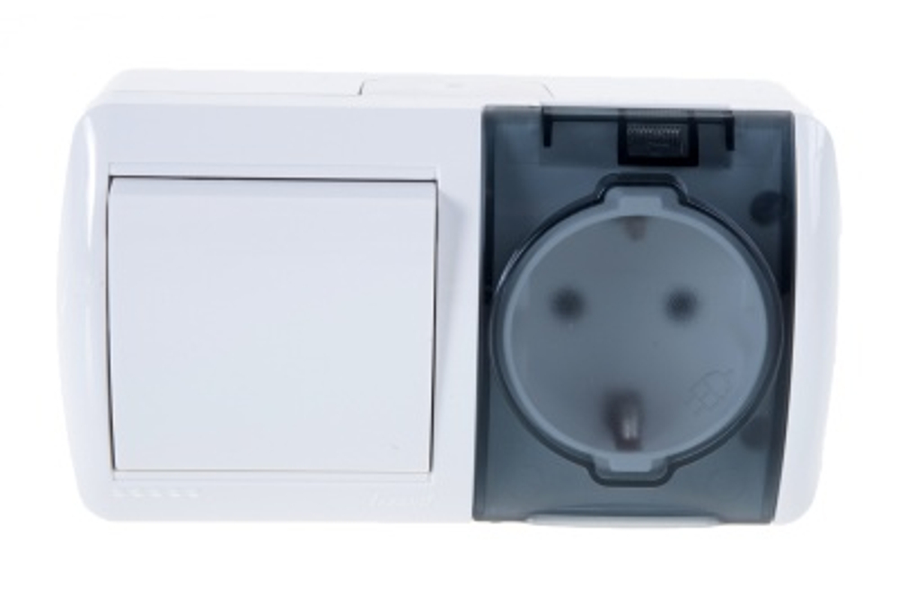 Выключатель и розетка горизонтальная LEZARD Ната белый с крышкой с/з