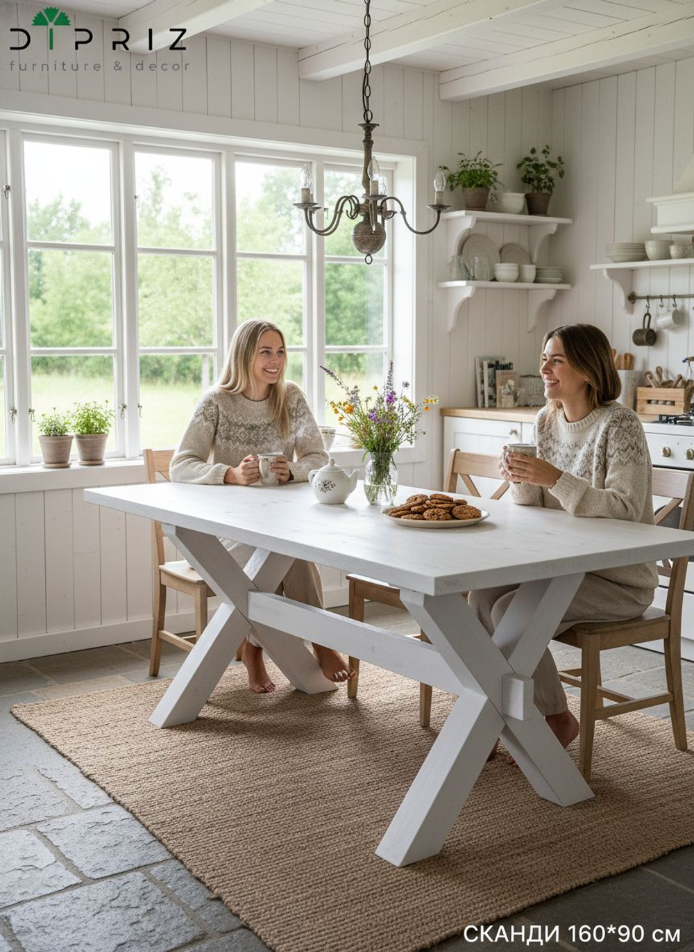 Стол кухонный, 160х90х75, Сканди, обеденный, из массива дерева, белый, Dipriz