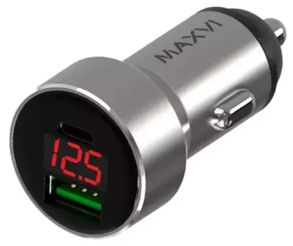 АЗУ 30W 1USB-A QC/1USB-C 6A LED Maxvi  metallic silver