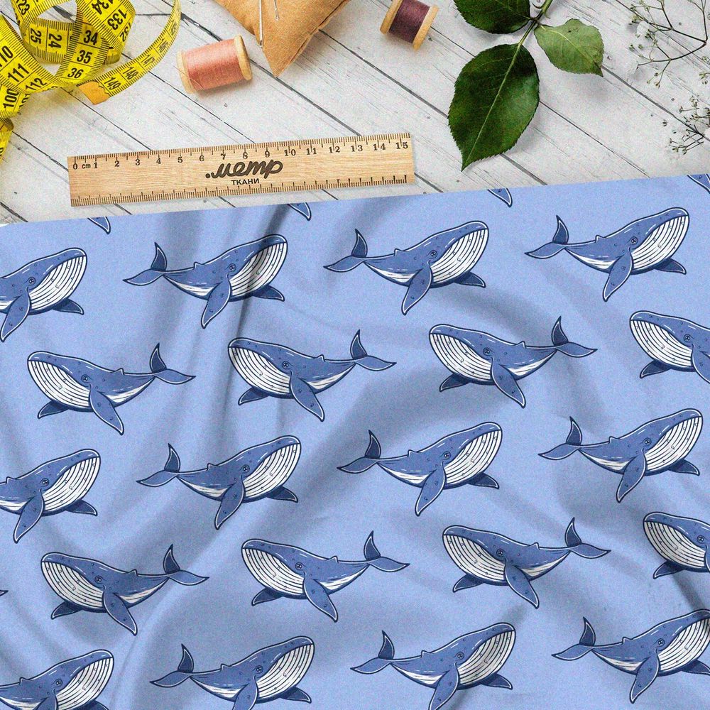 Ткань бифлекс киты на голубом фоне