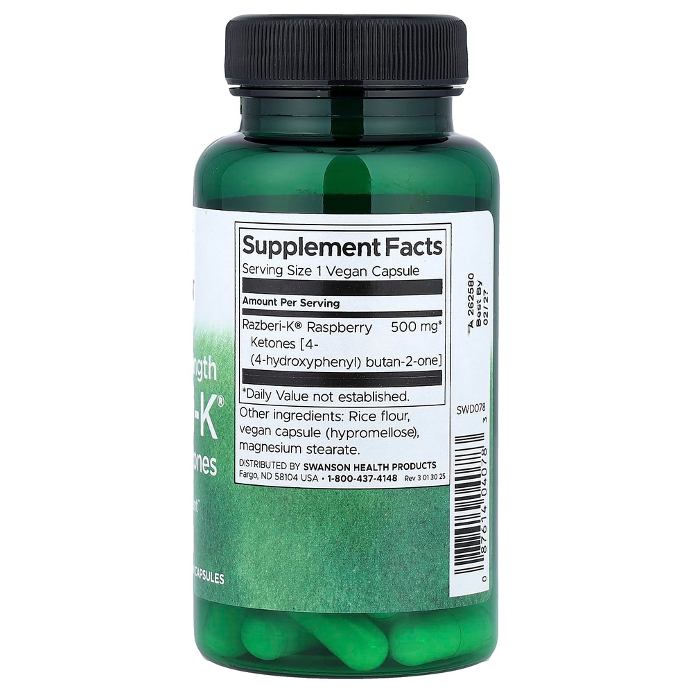 Swanson Vitamins, Razberi-K®, малиновые кетоны, максимальная сила действия, 500 мг, 60 веганских капсул