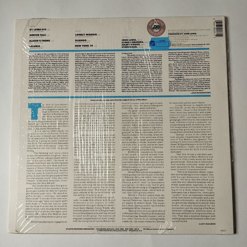 Винтажная виниловая пластинка LP John Lewis and Svend Asmussen European Encounter (USA 1986)