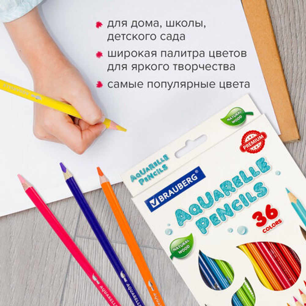 Карандаши цветные акварельные BRAUBERG PREMIUM AQUARELLE, 36 цветов, грифель мягкий 4 мм, 181674
