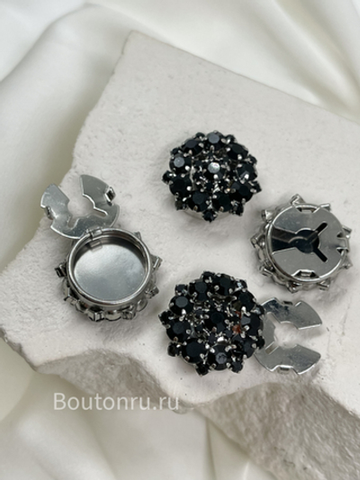 Накладка на пуговицу стразы черные в серебристом обрамлении (клипса)