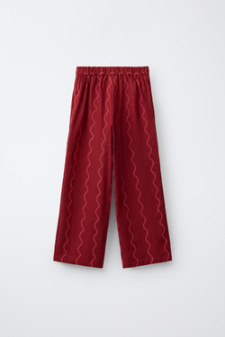 ZARA БРЮКИ WIDE LEG С ВОЛНИСТЫМ УЗОРОМ И ЛЬНОМ, НАСЫЩЕННЫЙ КРАСНЫЙ