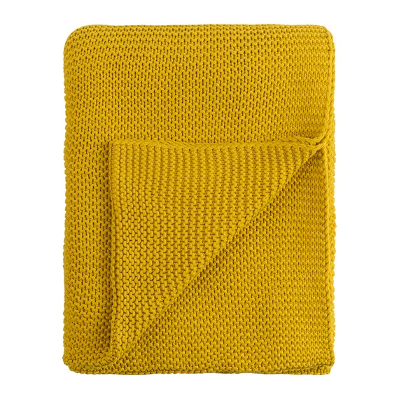 Плед из хлопка жемчужной вязки горчичного цвета Essential, 130х180 см