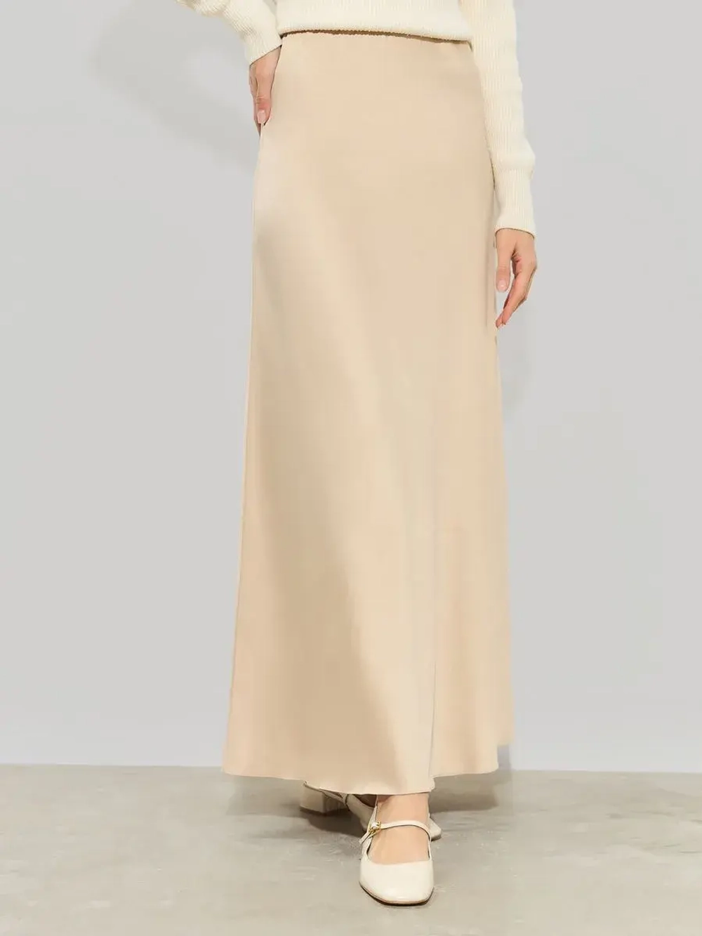 Юбка весенняя на резинке, атласная, шампань