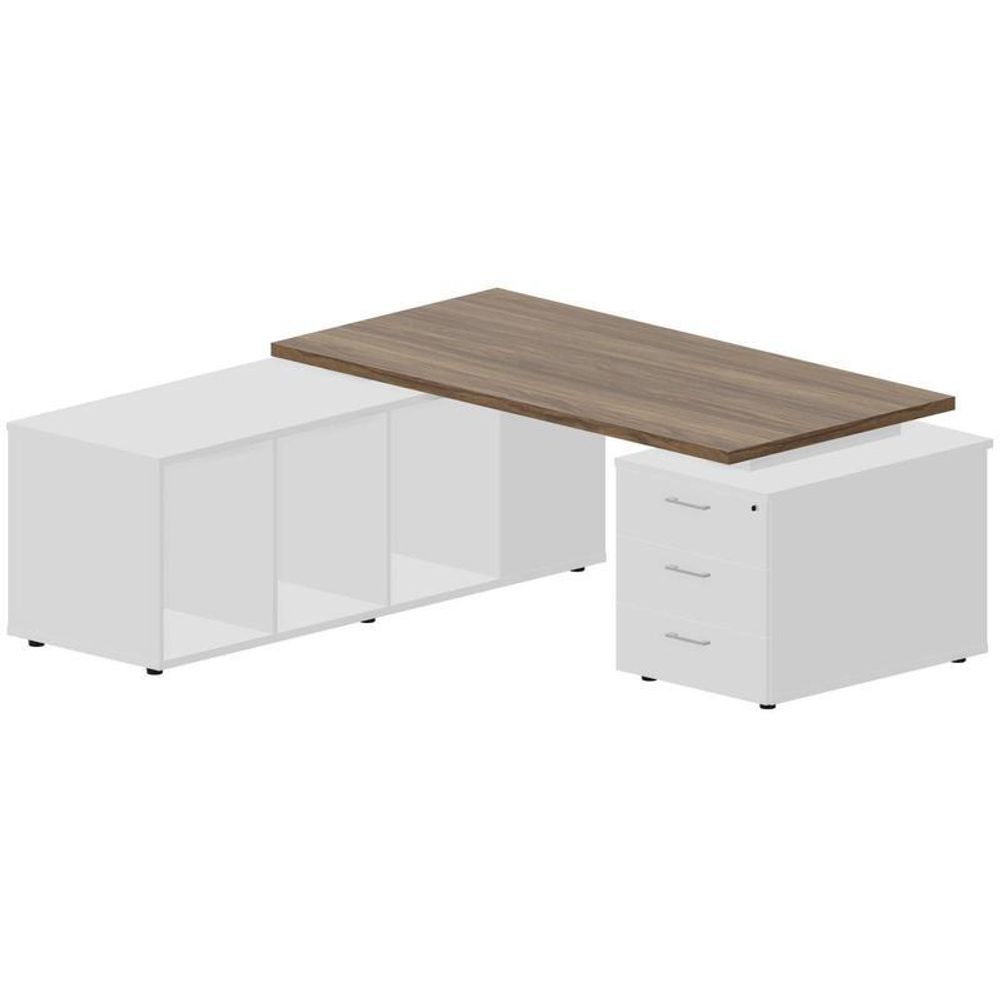 Стол руководителя угловой Norman NR180T3TSGWNBLBLBL с двумя тумбами левый (орех/белый, 2400х1800х735 мм)