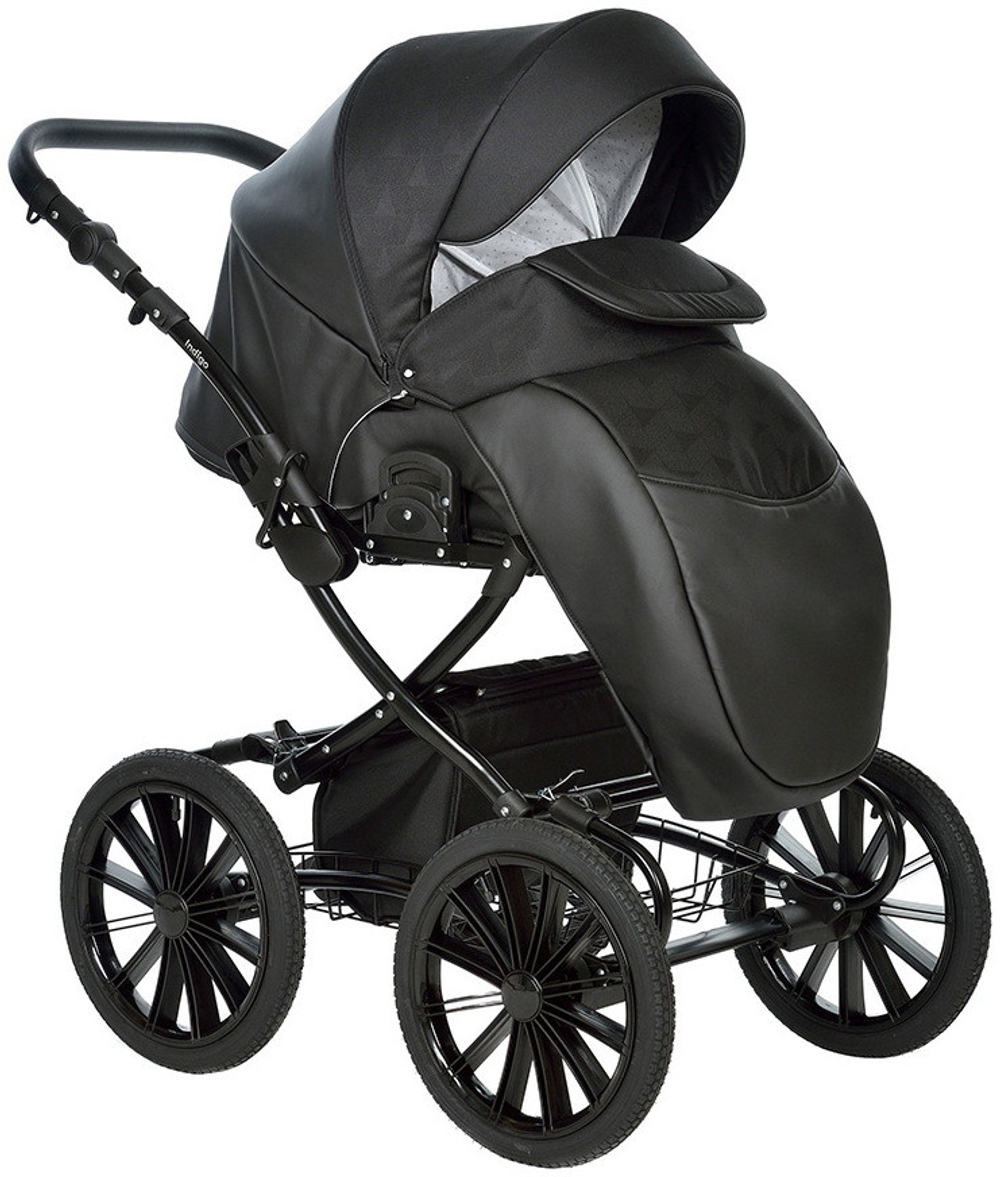 Детская коляска Indigo Porto Classic 14 3 в 1 с автокреслом Avionaut Cosmo Grey Po 08 черная кожа+черный узор