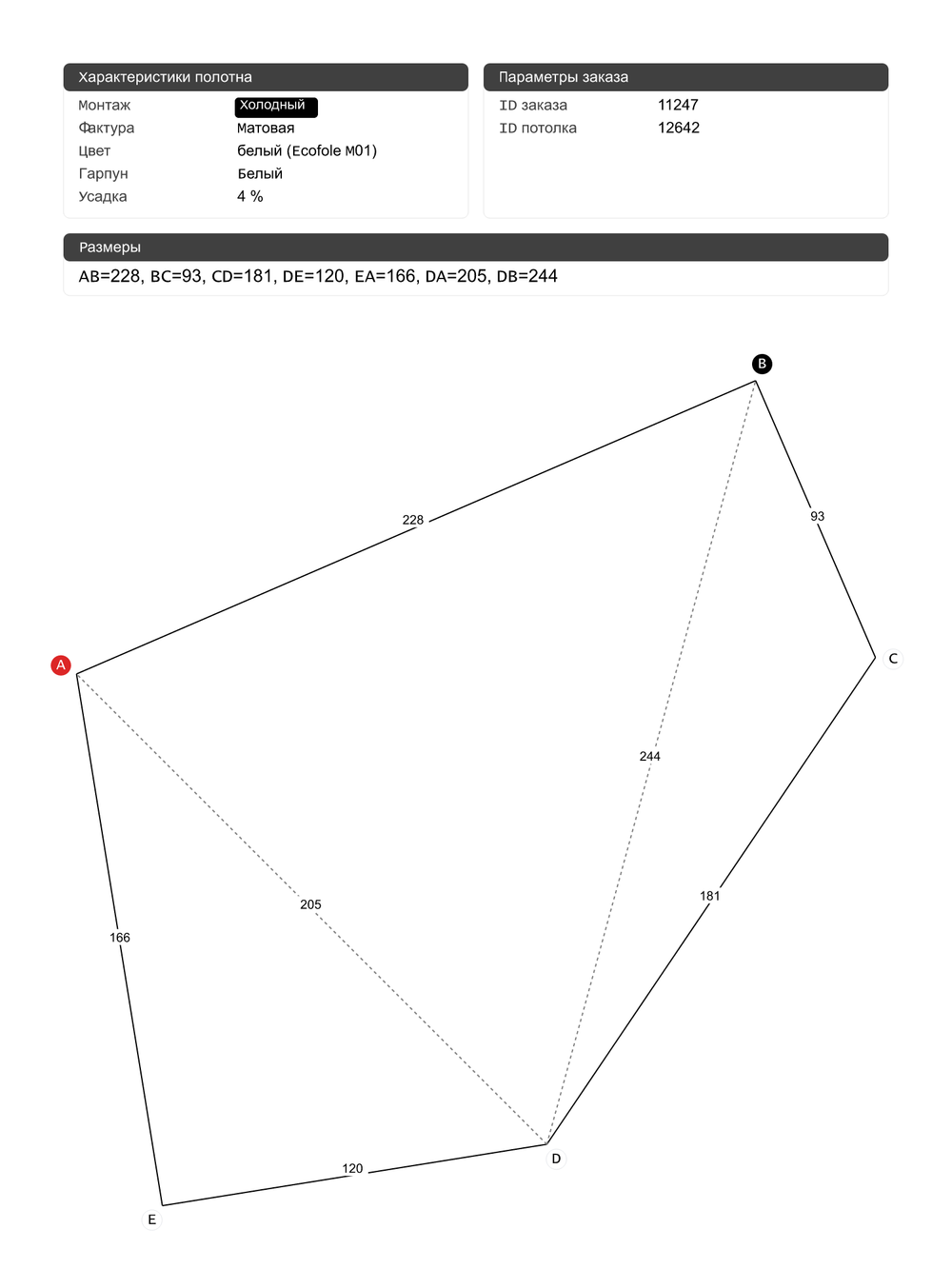 Матовый натяжной потолок 3.9 м2