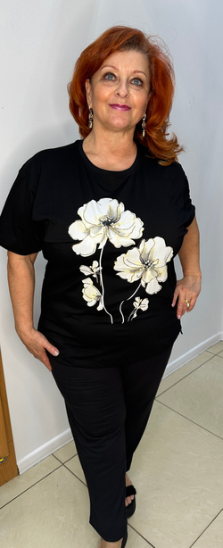 Черный блузон-футболка с цветочным принтом