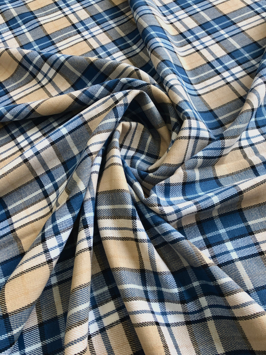 Костюмная принт клетка, беж/голубой, хлопок, вискоза