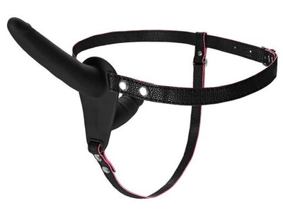 Черный страпон на ремнях с вагинальной пробкой - 15 см. (Цвет: черный)