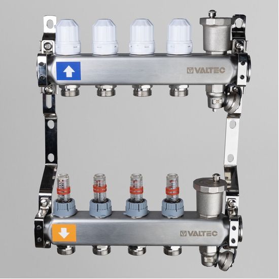Коллекторный блок Valtec 1"x3/4" 3 выхода с расходомерами (нерж. сталь) VTc.579.EMNX.0603
