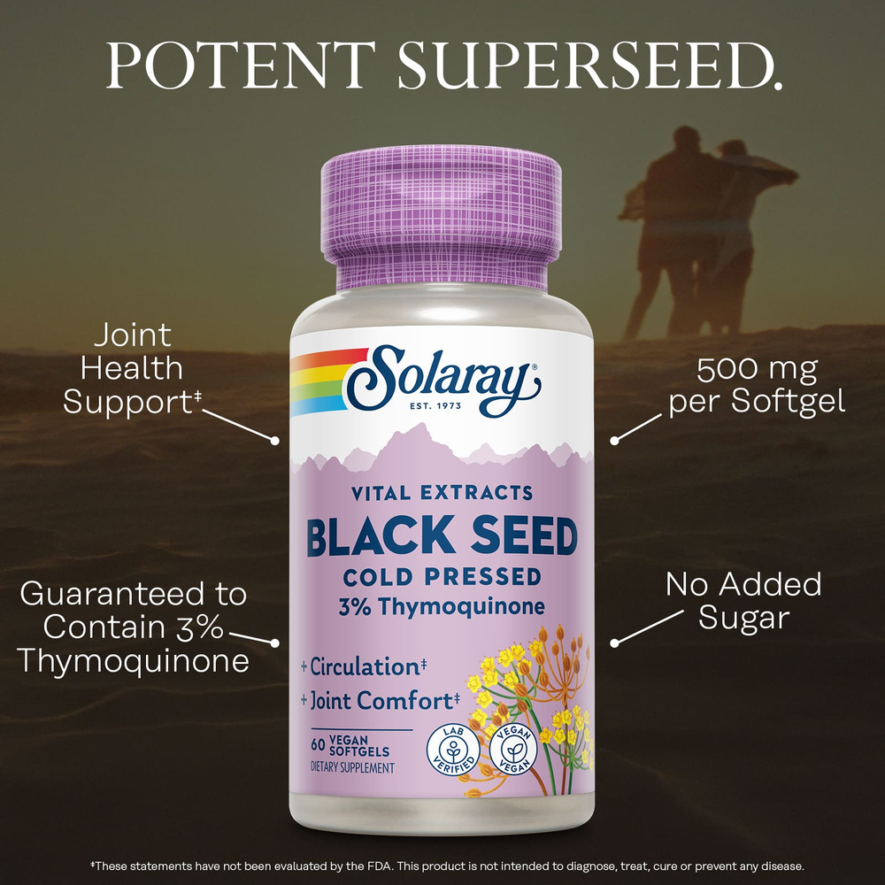 Solaray, Vital Extracts, чёрный тмин, холодный отжим, 60 веганских капсул (500 мг в 1 капсуле)