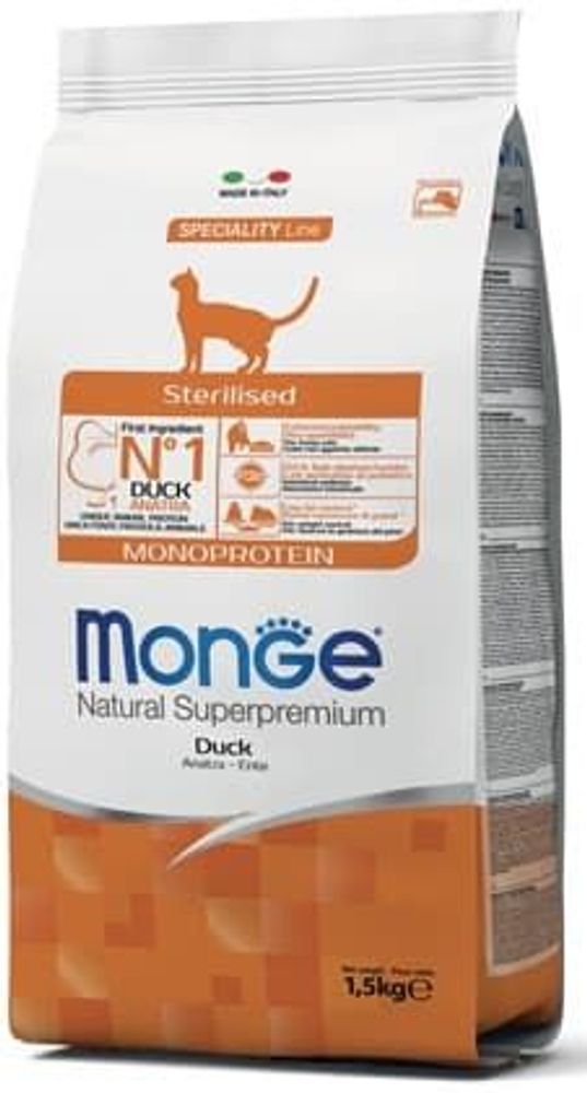 Сухой корм Monge Cat Speciality Line Monoprotein Sterilised для стерилизованных кошек с уткой, пакет 10 кг Сухой корм Monge Cat Speciality Line Monoprotein Sterilised для стерилизованных кошек с уткой, пакет 10 кг