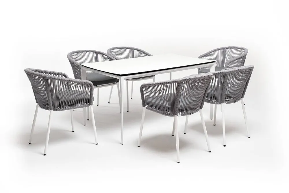 "Малага" обеденная группа на 6 персон со стульями "Марсель", каркас белый, роуп светло-серый