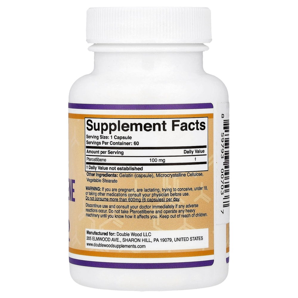 Double Wood Supplements, Pterostilbene, 100 mg, 60 Capsules
