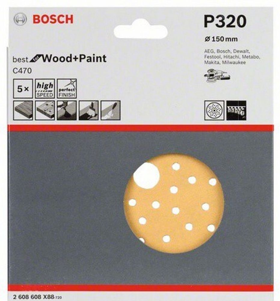 Шлифкруг 150 мм BOSCH 5 шлифлистов Best for Wood+Paint Multihole O K320