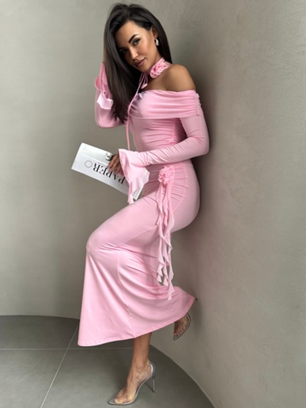 Женский костюм топ с юбкой воланы с розой розовый