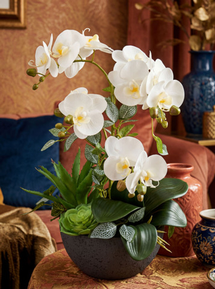 Искусственная зелень с орхидеей 35см в чаше Лофт