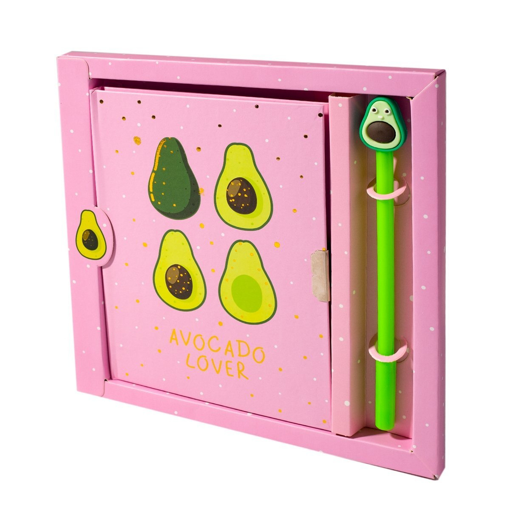 Записная книжка в футляре 21,0 см * 21,0 см , 7БЦ, Alingar, ламинация, глиттер, замочек, ручка, 50 л., линия, "Любовь авокадо", розовый