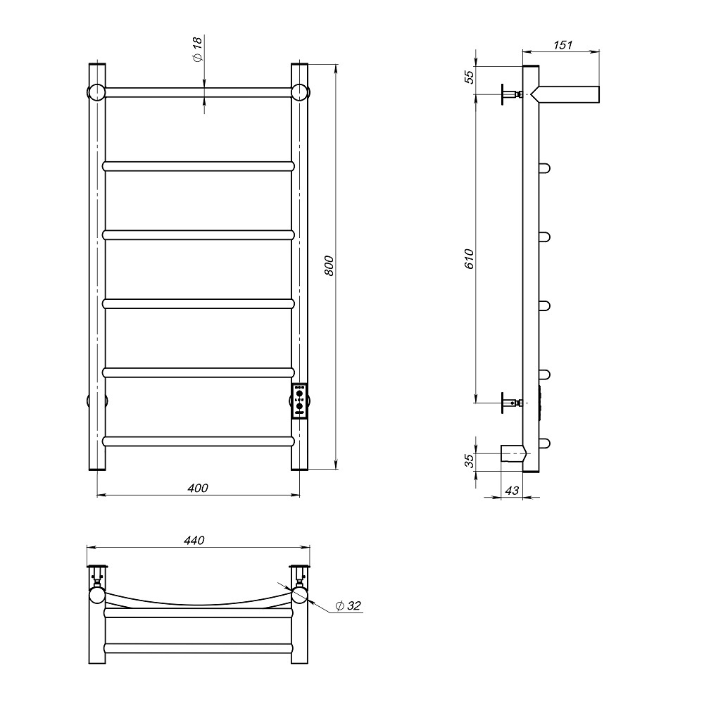 Полотенцесушитель электрический ЛЦ 80х40 7 перекл ДУГА ПОЛКА унив (скрыт подкл,таймер,306 Вт) ТРУГОР