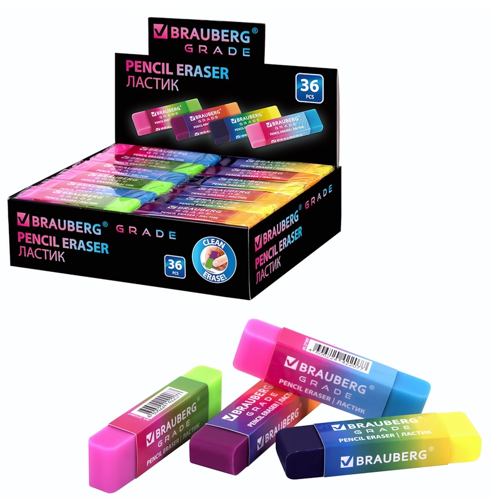 Ластик 60x15x10мм. полупрозрачный "Grade" картонный держатель, цвет ассорти (BRAUBERG)
