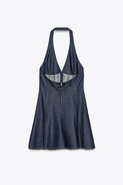 ZARA ДЖИНСОВОЕ ПЛАТЬЕ TRF С ГОРЛОВИНОЙ ХАЛТЕР, ТЕМНЫЙ ИНДИГО