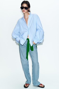 ZARA РУБАШКА В ПОЛОСКУ С ОБЪЕМНЫМИ РУКАВАМИ, ВАСИЛЬКОВЫЙ