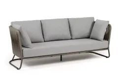 "Багамы" диван 3-местный плетеный из роупа, каркас алюминий бежево-серый (RAL7006) муар, роуп серо-коричневый 23мм, ткань светло-серая