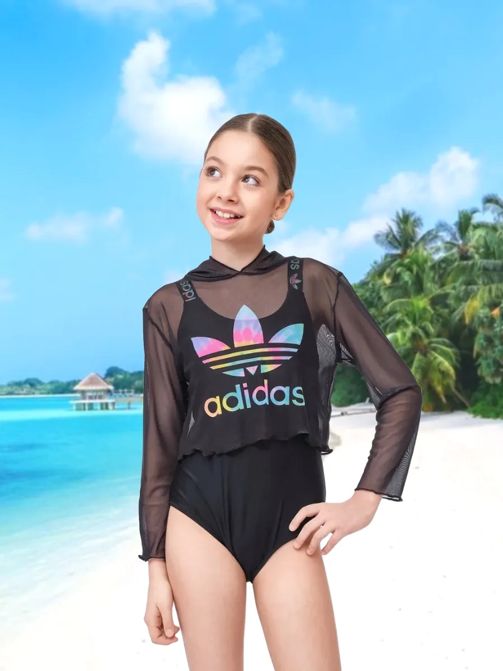 купальник слитный спортивный топ с капюшоном