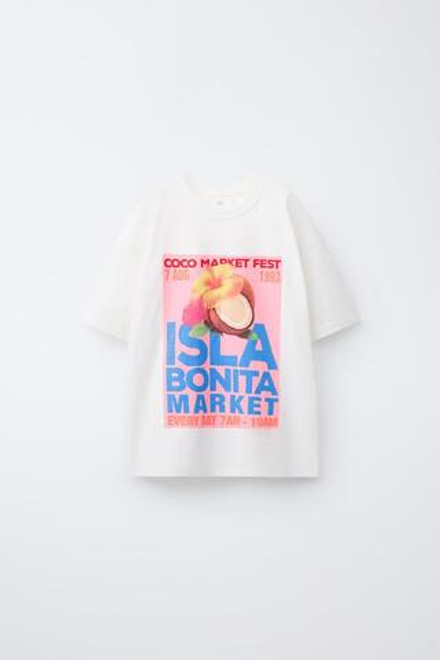 ZARA ФУТБОЛКА С ПРИНТОМ , БЕЛЫЙ