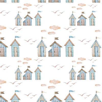 милые пляжные домики ,акварель на белом фоне