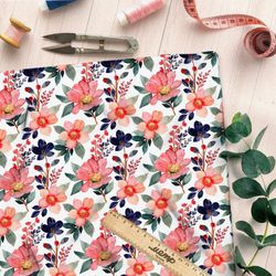 Ткань лен розовые цветы с фиолетовым акцентом