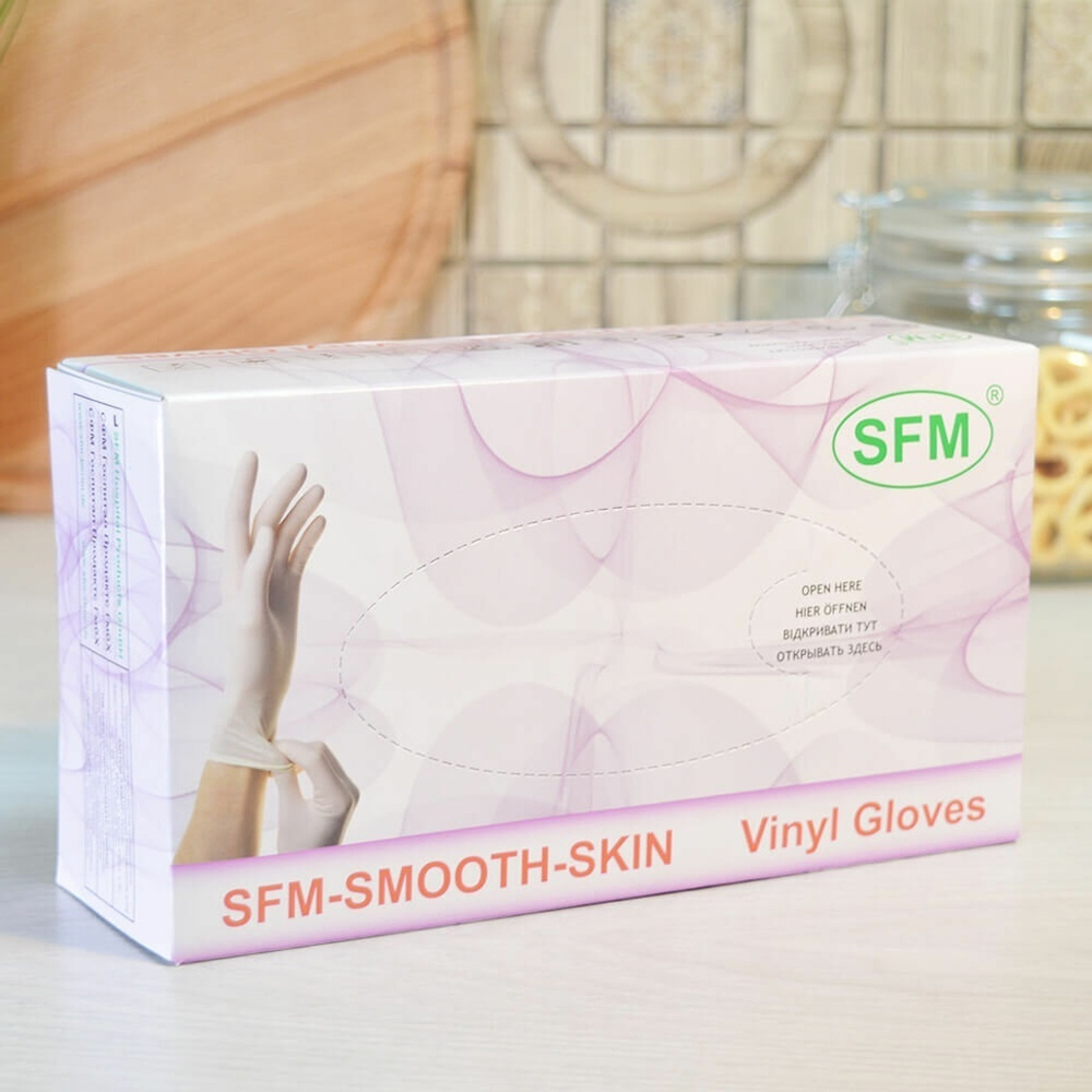 Перчатки виниловые M неопудренные (100шт), SFM