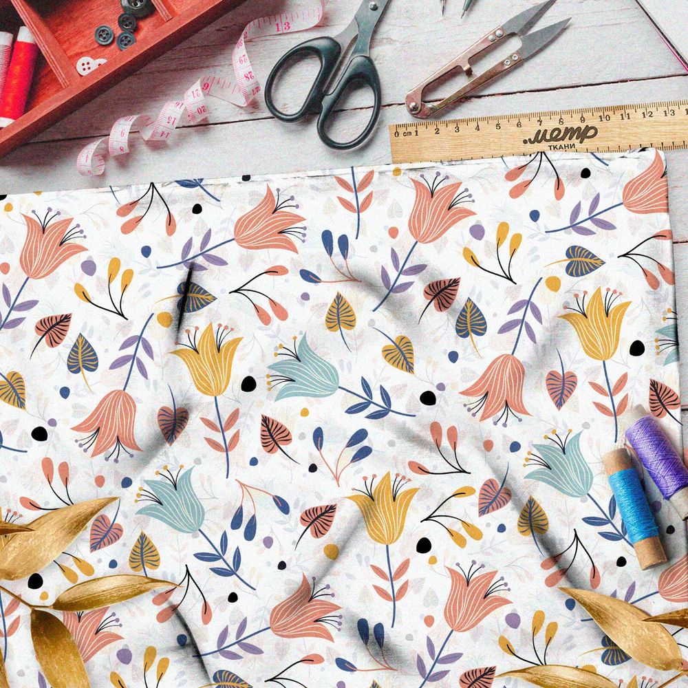 Ткань футер 2-х нитка пастельные колокольчики на белом фоне