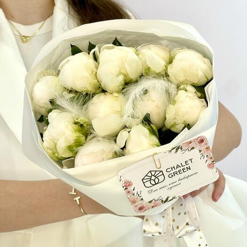 Монобукет из 11 белоснежных пионов Ангел с пёрышками. Монобукет 048 Chalet Green