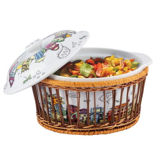 Кастрюля керамическая 1,8 л. с крышкой Kamille KM-6301 (24х21х12 см) в ротанговой корзинке