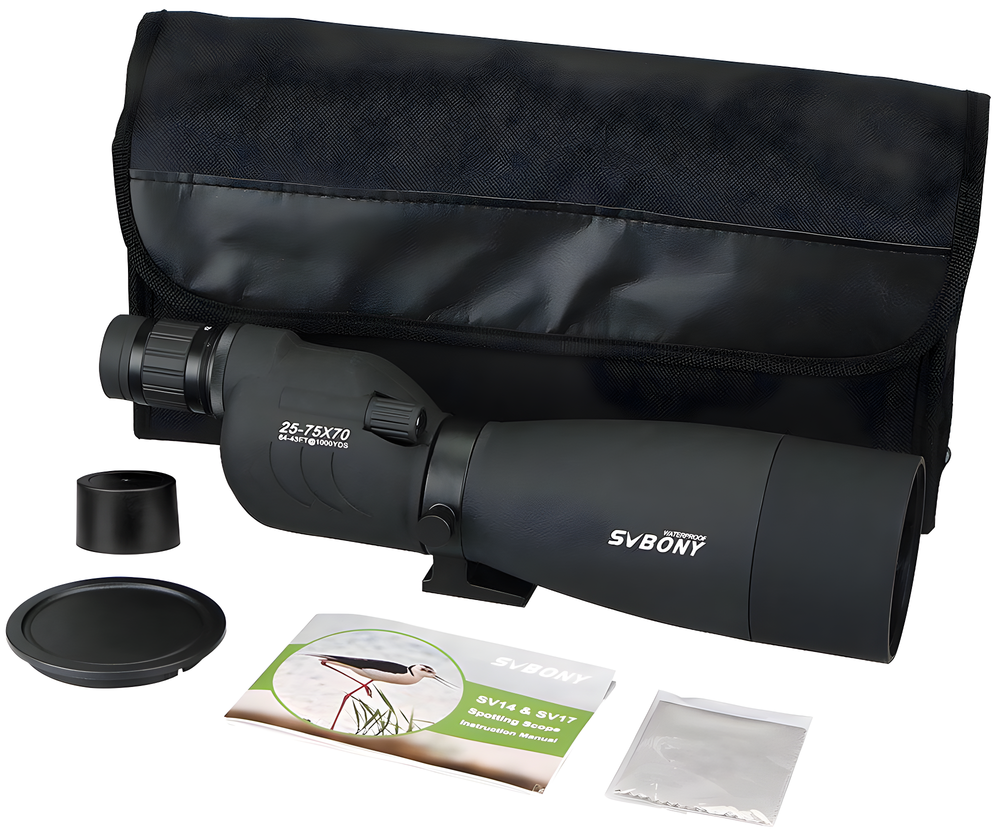 Купить зрительную трубу SVBONY SV17 25–75x70 черную с аксессуарами