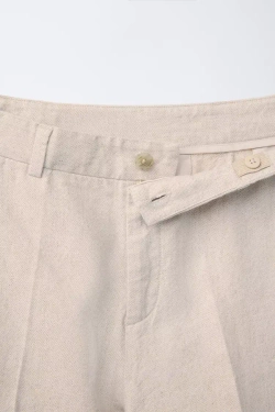 ZARA КОСТЮМНЫЕ БРЮКИ ИЗ ХЛОПКА И ЛЬНА, СВЕТЛО-БЕЖЕВЫЙ