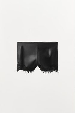 ZARA КОЖАНЫЕ ШОРТЫ С КРУЖЕВОМ, ЧЕРНЫЙ