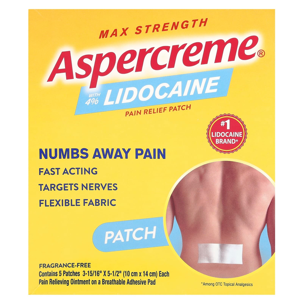 Aspercreme, Обезболивающий пластырь с 4% лидокаином, максимальная сила, без отдушек, 5 пластырей (10 см x 14 см) каждый