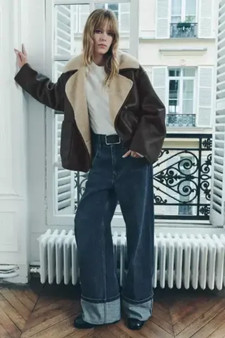 ZARA КУРТКА-ДУБЛЕНКА — ZW COLLECTION, КОРИЧНЕВЫЙ/ЭКРЮ