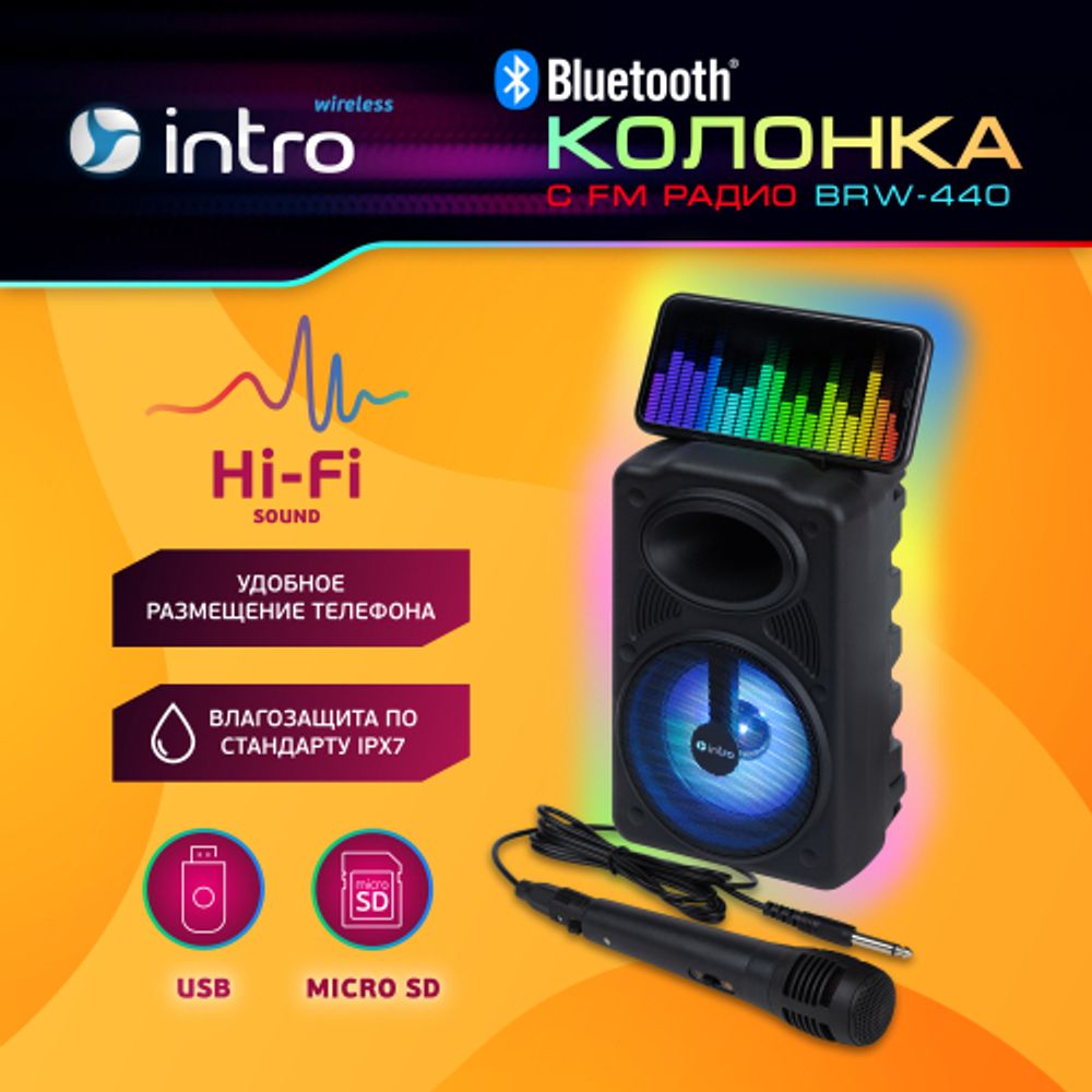Портативная колонка Intro BRW440 bluetooth беспроводная с микрофоном акустическая черная