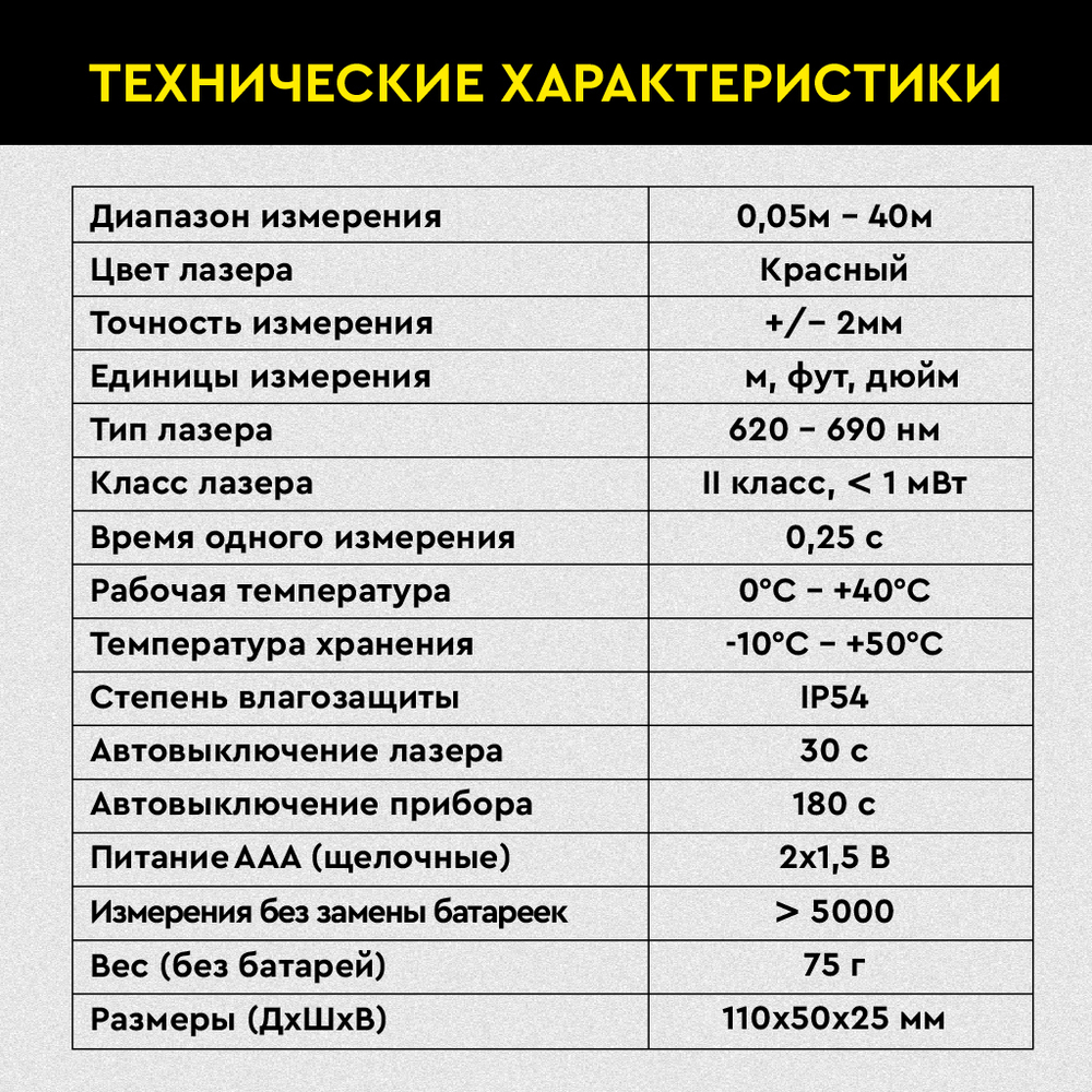 Лазерный дальномер TECHNICOM TC-DM40L, дальность 40м, цвет лазера красный, 2 точки отсчёта